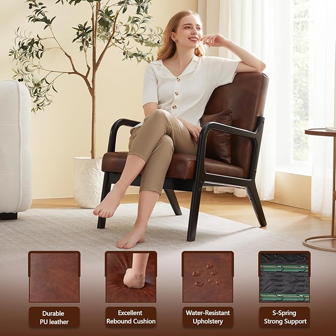 Accent Chair Mid Century Modern Armchair with Lumbar Support Pillow Wood Legs PU Leather Upholstered Lounge Chairs Comfy High Back Cushion for Living Room Bedroom