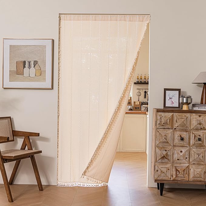 Sutuo Home Boho Sliding Door Curtains, Bohemian Semi Blackout Curtains Tassels Privacy Embroidery Stripes Decor Temporary Room Dividers for Door Window Hallway,Rod Pocket 1 Panel 37" W x 80" L,Beige