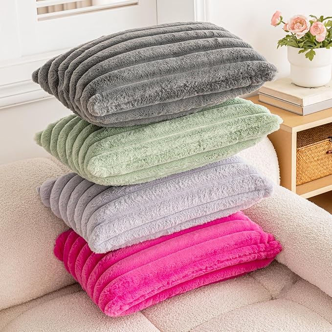 Double-Sided Faux Fur Plush Throw Pillow Covers 12x20 Set of 2 Fuzzy Striped Soft Cozy Pillowcase Luxury Decorative Pillows Rectangle Shaggy Cushion Covers for Couch Sofa Bed,Dark Grey