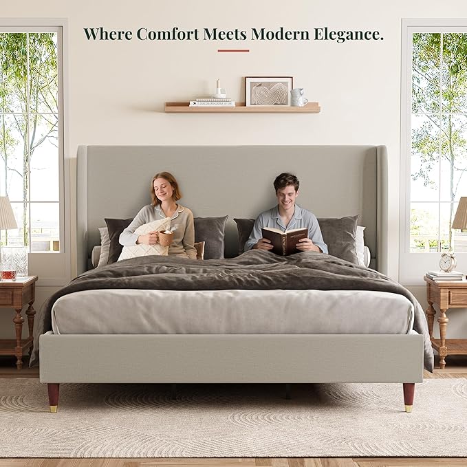 Jocisland King Upholstered Platform Bed Frame with 51.2" Tall Wingback Headboard–Solid Wood Legs, No Box Spring Needed, Brown Linen–Modern Style for Any Bedroom