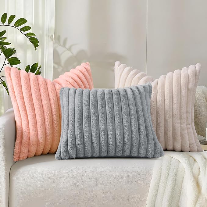 decorUhome Faux Fur Spring Throw Pillow Covers 12x20 Set of 2, Decorative Soft Plush Striped Lumbar Neutral Couch Pillow Covers with Velvet Back for Sofa, Bed, Living Room Home, Blush Pink