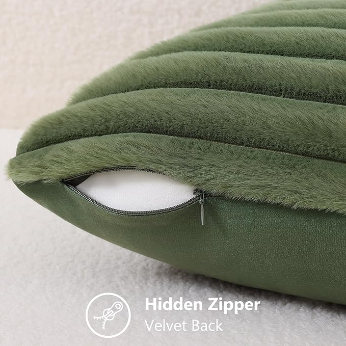 decorUhome Faux Fur Throw Pillow Covers 16x16 Set of 2, Decorative Soft Plush Striped Neutral Couch Euro Pillow Covers with Velvet Back for Sofa, Bed, Living Room Home Decor, Olive Green