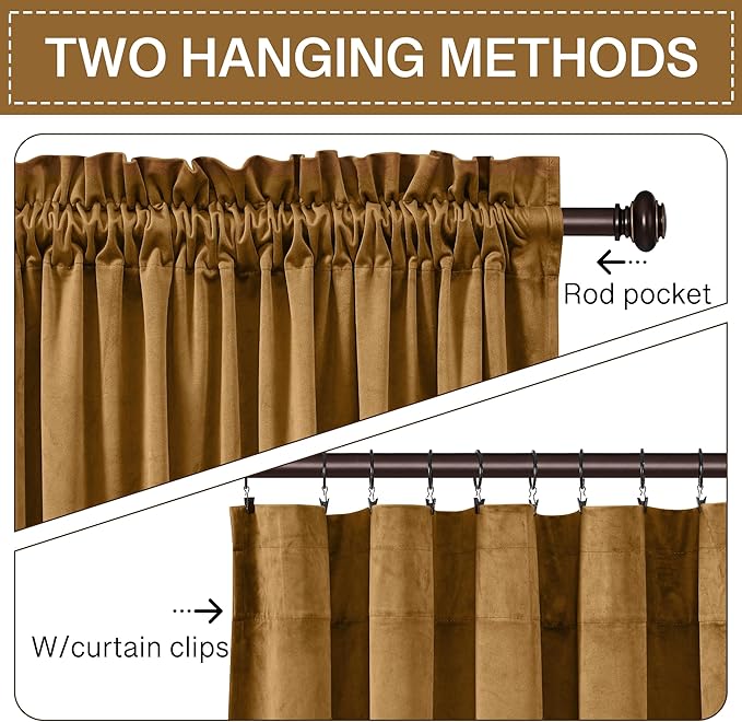 StangH 120 inches Curtains Gold Brown Blackout Velvet Drapes for Bedroom, Retro Thermal Insulated Light Blocking Window Curtains for Living Dining Room, W52 x L120, 2 Panels