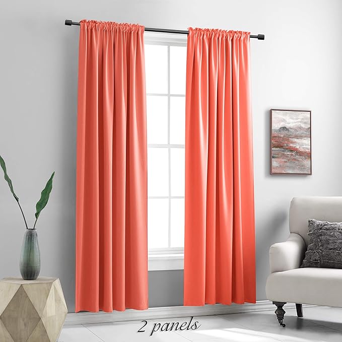 DONREN 90 Inch Length Blackout Curtains Rod Pocket Curtain Panels - Thermal Insulated Curtains for Living Room (52 W x 90 Inches Long,Coral,2 Panels)