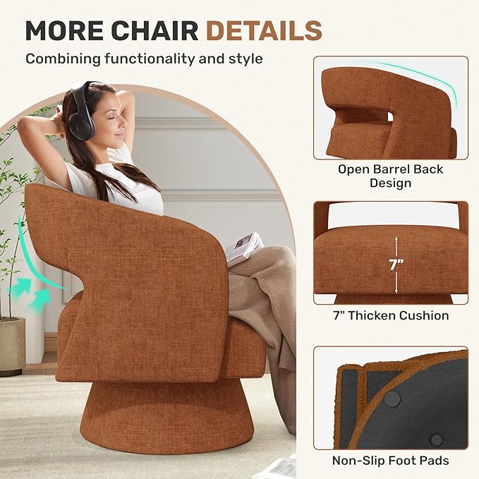Swivel Accent Chair Set of 4, Modern Comfy Chenille Barrel Chairs, Oversized Upholstered Round Arm Chair for Living Room, Bedroom, Reading Room, Caramel