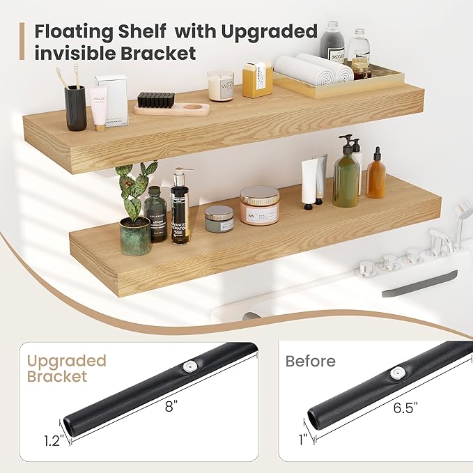 Heimlove 12 Inch Deep Floating Shelves, 16 x 12 inches Long Wall Shelf, Large Extra Display Shelf & Storage Shelf, Rustic Wood Wall Shelves for Fireplace Mantel, Oak - 2Pack