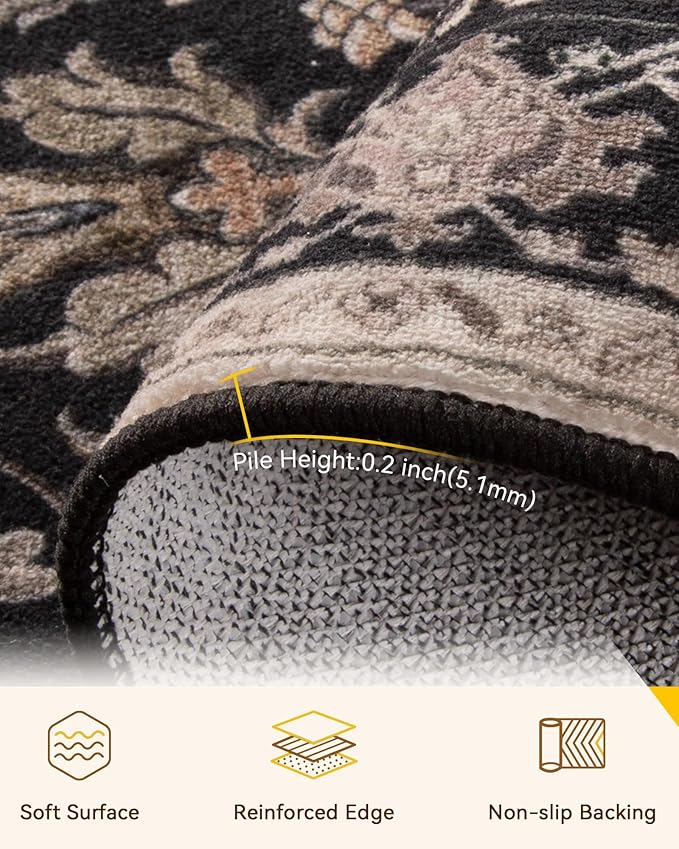 Area Rugs 4'x5' Washable Non-Slip, Floral Vintage Distress Print Pattern Medallion Carpet for Living Room Bedroom Dining Room, Black Brown Neutral Dark Tan