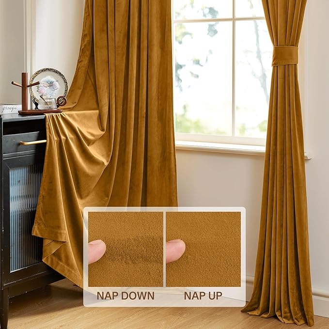 StangH Gold Velvet Curtains 84 inches Long Room Darkening Window Treatment Noise Reducing Privacy Room Divider Drapes for Bedroom/Office, Mustard Gold, W52 x L84, 2 Panels