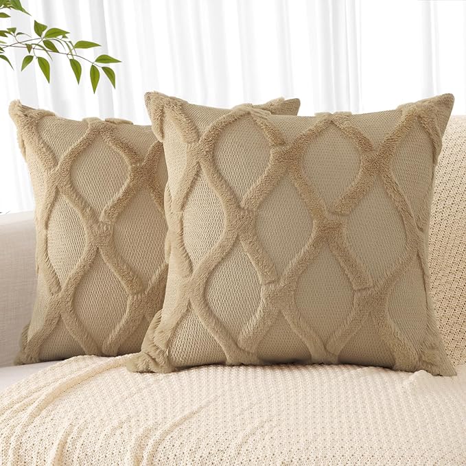 decorUhome Spring Throw Pillow Covers 20x20 Inch Set of 2, Soft Plush Faux Fur Wool Khaki Couch Pillow Covers, Decorative Neutral Pillow Cases for Bed Sofa Living Room Home Decor