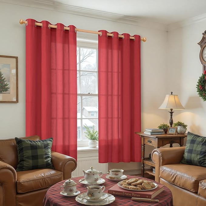 YoungsTex Red Linen Curtains 63 Inch Length for Living Room, Light Filtering Window Drapes with Grommet Semi Sheer Privacy Christmas Decor for Dining Bedroom, 2 Panels, 52 X 63 Inch