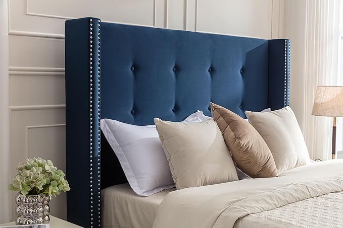 Queen Size Upholstered Bed Frame, 54" Tall Headboard Platform Bedframes with Nail Head Decorative Wingback, Hand Buttoned Tufting Headboard Beds/No Box Spring Needed/Minimalism, Blue Velvet