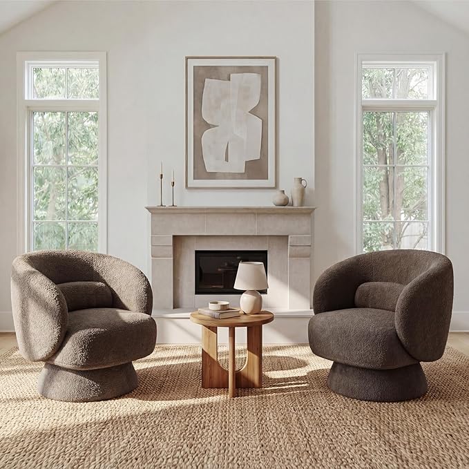 Swivel Accent Chair, Modern 360 Degree Swivel Barrel Chair with Arms & Curved Back and Lumbar Support Cushion, Comfy Round Single Boucle Sofa for Small Space, Living Room, Bedroom, Brown