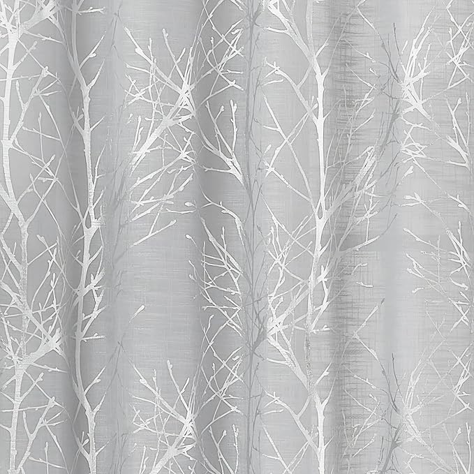 FMFUNCTEX Linen Semi Sheer Curtains for Bedroom & Living Room, Silver Metallic Print Grey Tree Panel, Light Filtering, 96 Inches Long, 2 Panels