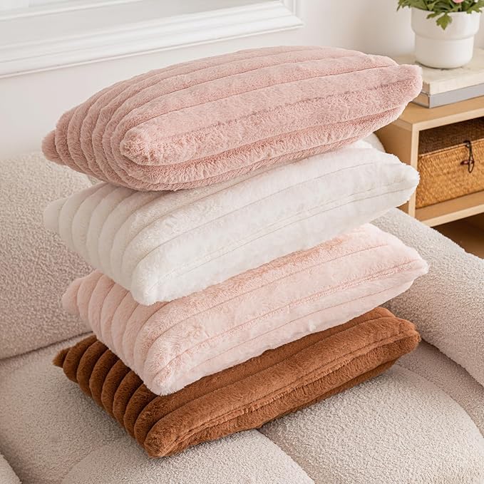 Double-Sided Faux Fur Plush Throw Pillow Covers 12x20 Set of 2 Fuzzy Striped Soft Cozy Pillowcase Luxury Decorative Pillows Rectangle Shaggy Cushion Covers for Couch Sofa Bed,Pink