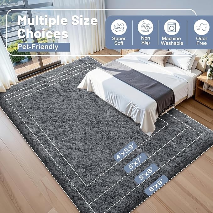 OLANLY 2x5 Machine Washable Runner Rugs for Hallway, Soft Fluffy Shaggy Bedside Rugs for Bedroom, Living Room, Indoor Floor Carpet for Kids Girls and Boys, Nursery Rooms, Home Decor Aesthetic, Grey