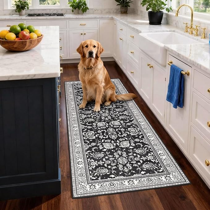 3x12 Machine Washable Floral Rugs: Long Runner Rugs for Hallways Non Slip Waterproof Carpet Runner Soft Vintage Low Pile Floral Rug for Kitchen Bedroom Bathroom Dining Living Room Black White