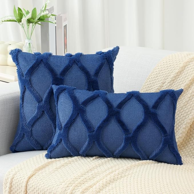 decorUhome Spring Euro Sham Throw Pillow Covers 22x22 Inch Set of 2, Soft Plush Faux Fur Wool Dark Blue Couch Pillow Covers, Decorative Neutral Pillow Cases for Bed Sofa Living Room Home Decor