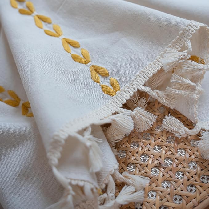 Sutuo Home Boho Curtains 84 inch Length for Bedroom, Semi Blackout Farmhouse Vintage Shabby Chic Tassels Window Treatment Bohemian Embroidery Drape, Rod Pocket 1 Panel 52" W x 84" L, White and Gold
