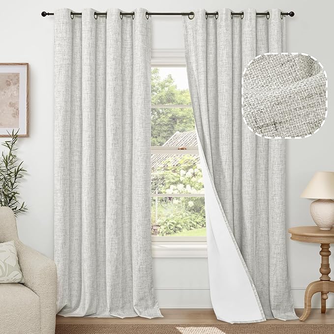 100% Blackout Curtains for Living Room 95 Inch Length 2 Panels Set, Thermal Insulated Light Blocking Faux Linen Curtains for Bedroom, Bronze Grommet Window Drape Each 52" Wide, Light Grey