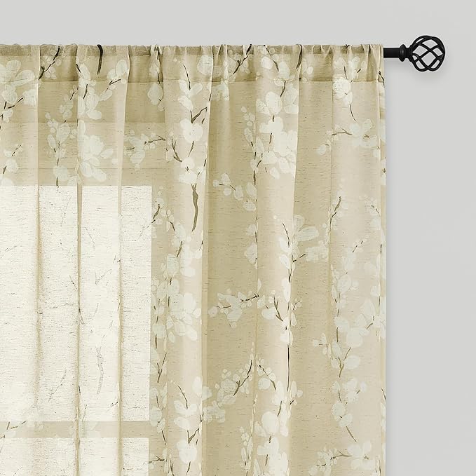FMFUNCTEX Linen Sheer Curtains for Living Room, Cream Blossom Floral Print Curtains 96 Inches Long for Bedroom, Light Filtering Linen Blend Butter Yellow Floral Window Curtain 2 Panels Rod Pocket
