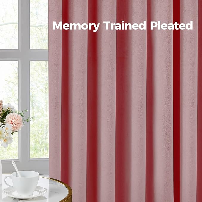 Pinch Pleated 100% Blackout Curtains for Bedroom, Pink Velvet Curtains for Living Room, Black Out Curtain 102 inch Long Room Darkening, Blackout Pinch Pleat Drapes with Hooks 2 Panels