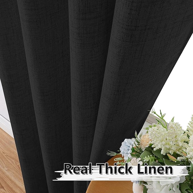 Tollpiz Linen Curtain Bedroom Rod Pocket Semi Sheer Curtains Burlap Light Filtering Thick Linen Drape for Living Room, 38 x 84 inches Long, Black, Set of 2 Panels