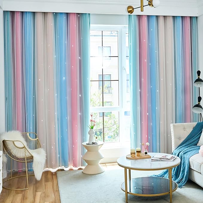 Star Blackout Curtains for Bedroom - Cute Kids Rainbow Curtains, 63 Inch Long 2 Panels, Beige, Blue & Pink