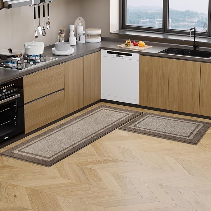Kitchen Rugs 24" x 84", Non-Slip Machine Washable Kitchen Runner Rugs Floor Mats, Absorbent Comfort Standing Mats for Kitchen, Sink, Laundry and Hallway, Rolled Packaging, Beige & Grayish Brown