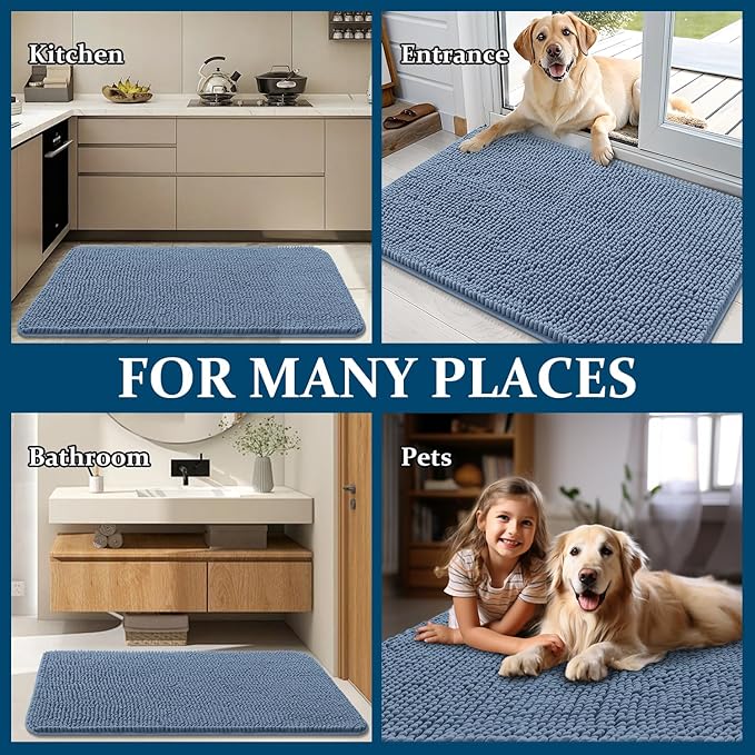 OLANLY Dog Door Mat for Muddy Paws 70x35, Absorbs Moisture and Dirt, Absorbent Non-Slip Washable Doormat, Quick Dry Chenille Mud Mat for Dogs, Entry Indoor Entryway Carpet for Inside Floor, Airy Blue