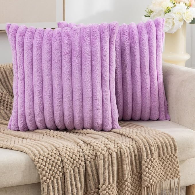 ZLINA Set of 2 Light Purple Faux Fur Decorative Throw Pillow Covers Fluffy Striped Pillowcase Cushion Covers 16 x 16 Inch Decor Sofa Couch Bedroom