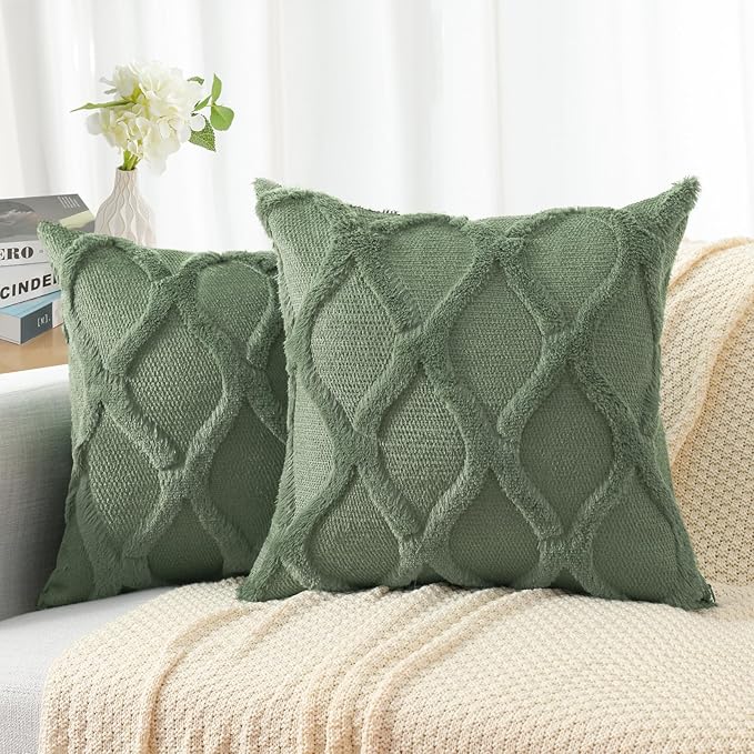 decorUhome Spring Euro Sham Throw Pillow Covers 26x26 Inch Set of 2, Soft Plush Faux Fur Wool Olive Green Couch Pillow Covers, Decorative Neutral Pillow Cases for Bed Sofa Living Room Home Decor