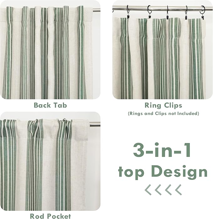 DriftAway Farmhouse Vertical Striped Linen Blend Textured Light Filtering Semi Sheer Curtains for Living Room Bedroom 63 Inches Long Drapes 2 Panels Broad Striped Linen Loden Green