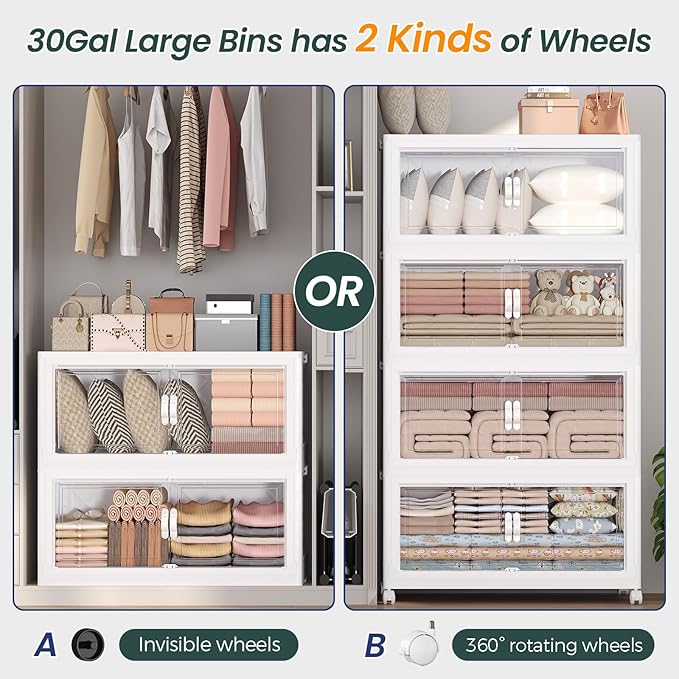 120Gal Stackable Storage Bins with Lid, 480Qt Extra Large Collapsible Storage Box with Doors and Wheels, Plastic Closet Organizer and Storage Cabinet Drawer for Home Kitchen, 4Pack White