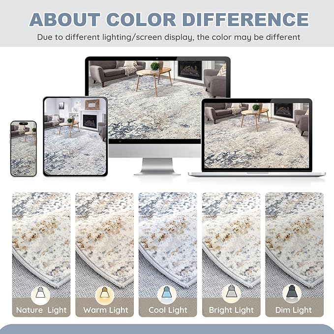 Area Rug Living Room Rugs - 5x7 Abstract Large Soft Indoor Washable Rug Neutral Modern Low Pile Carpet for Bedroom Dining Room Farmhouse Home Office - Beige Blue