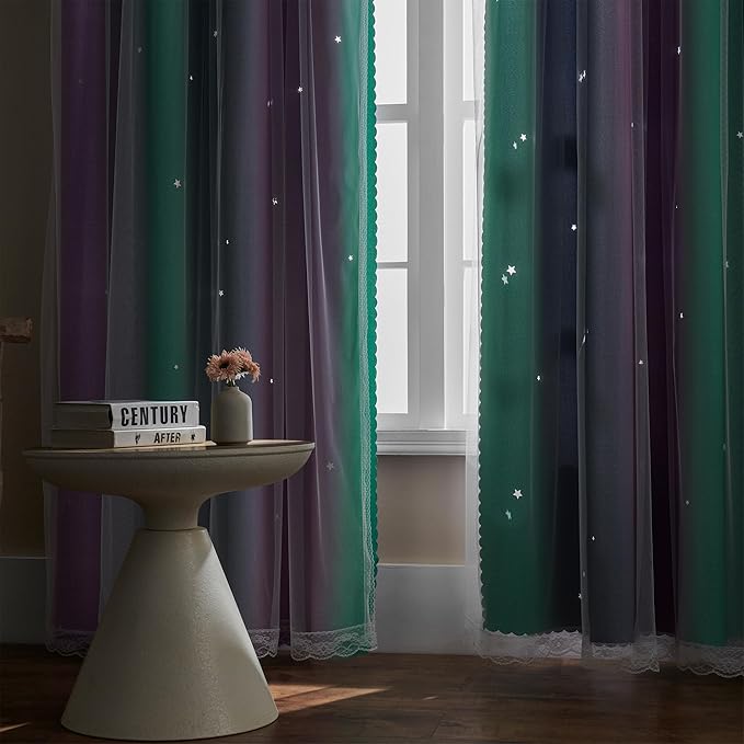 XiDi Curtains for Bedroom Decor, Rainbow Purplgreen grey52/45