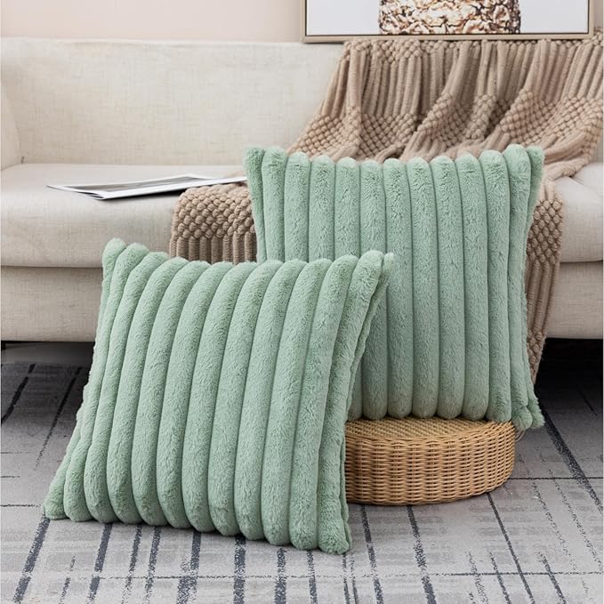 ZLINA Set of 2 Light Green Faux Fur Decorative Throw Pillow Covers Fluffy Striped Pillowcase Cushion Covers 24 x 24 Inch Decor Sofa Couch Bedroom
