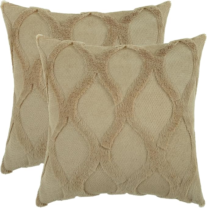 decorUhome Spring Throw Pillow Covers 18x18 Inch Set of 2, Soft Plush Faux Fur Wool Khaki Couch Pillow Covers, Decorative Neutral Pillow Cases for Bed Sofa Living Room Home Decor