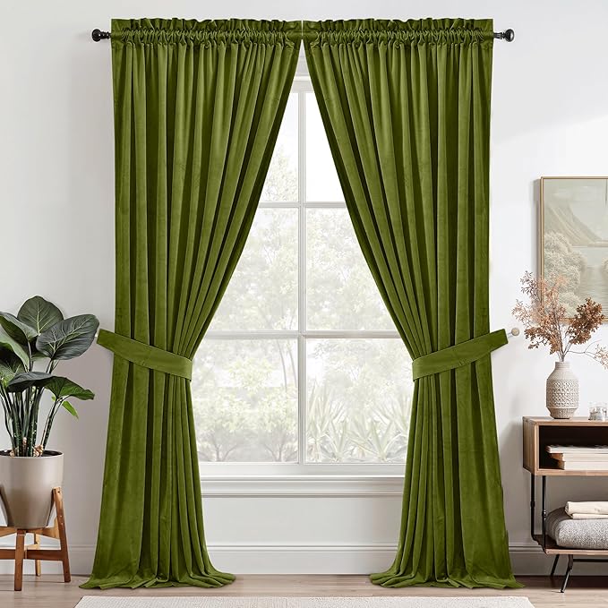 StangH Olive Green Velvet Curtains 108 inches Long Christmas Holiday Home Decor, Soft Thick Light Blocking Privacy Sliding Door Curtains for Dining Room, W52 x L108, 2 Panels