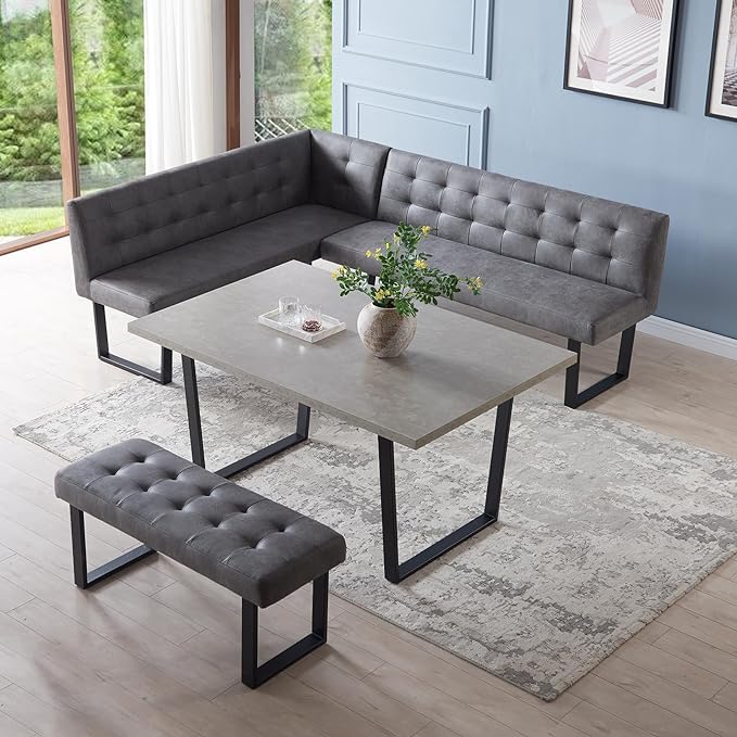 3 Piece Dining Table Set with Bench, 42.9 Inch Modern Kitchen Table with Right Seat Corner and 43.3 Inch Bench for Family Dining Room Furniture