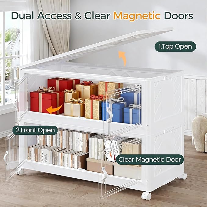 880QT Extra Large Stackable Storage Bins with Lid, 220Gal Collapsible Storage Box with Wheels and Doors, Plastic Closet Organizers and Storage Cabinet for Home Kitchen Office Dorm, 4Pack White