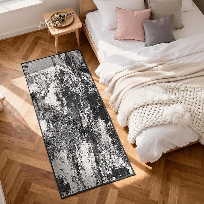 3x12 Long Hallway Runner Rug: Kitchen Rugs Non Slip Washable Low Pile Abstract Rug Runner with Rubber Backing Indoor Stain Resistant Carpet Runners for Bedroom Dining Living Room Black White