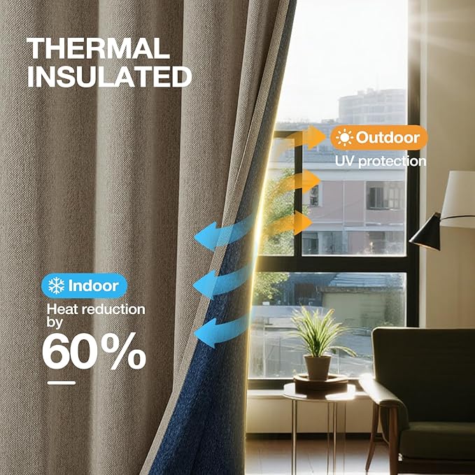 100% Blackout Curtains 84 Inch Length 2 Panels Set for Bedroom/Living Room, Grommet Linen-Look Textured Light Blocking Room Darkening Energy Saving Thermal Insulated Drapes (W52xL84, Taupe)