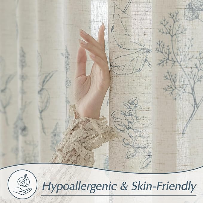FMFUNCTEX Linen Curtains Floral Patterned Curtain for Bedroom Living Room, Blue Curtains 84 Inches Long Farmhouse, Light Filtering Beige Window Curtain Grommet Top 2 Panels Set