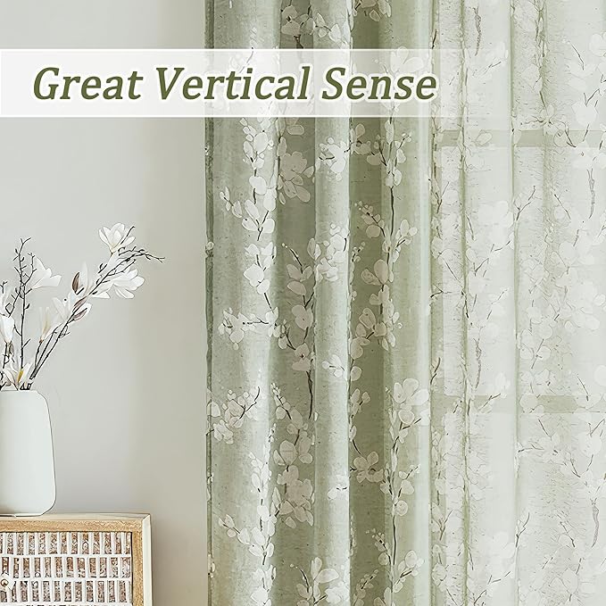 FMFUNCTEX Linen Sheer Curtains for Bedroom, Sage Green Blossom Print Curtains 84 Inches Long for Living Room,Floral Patterned Farmhouse Curtain Light Filtering Window Drapes 2 Panels, Rod Pocket