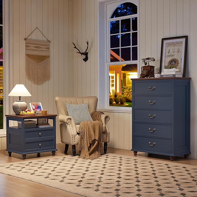 24" Wide Farmhouse Nightstand with Charging Station Set of 2,54" 7 Drawers Dresser, 45" Tall Rustic Chests of 5 Drawers, Farmhouse Furniture Series for Bedroom,DarkBlue