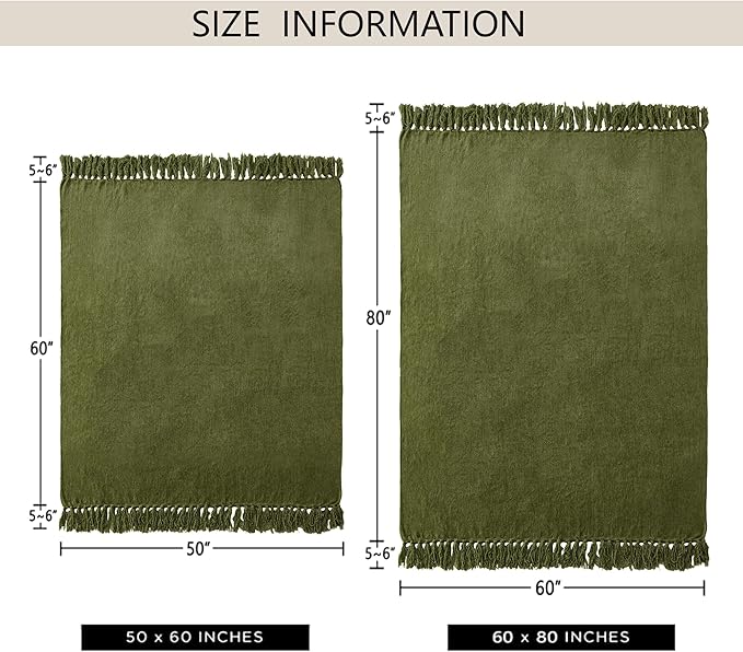 Chenille Throw Blanket for Couch 60"X 80" Twin, Soft Cozy Throws with Fringe Tassel for Bed Sofa Chair Cover, Lightweight Knitted Decorative Boho Blankets for Living Room, Olive Green