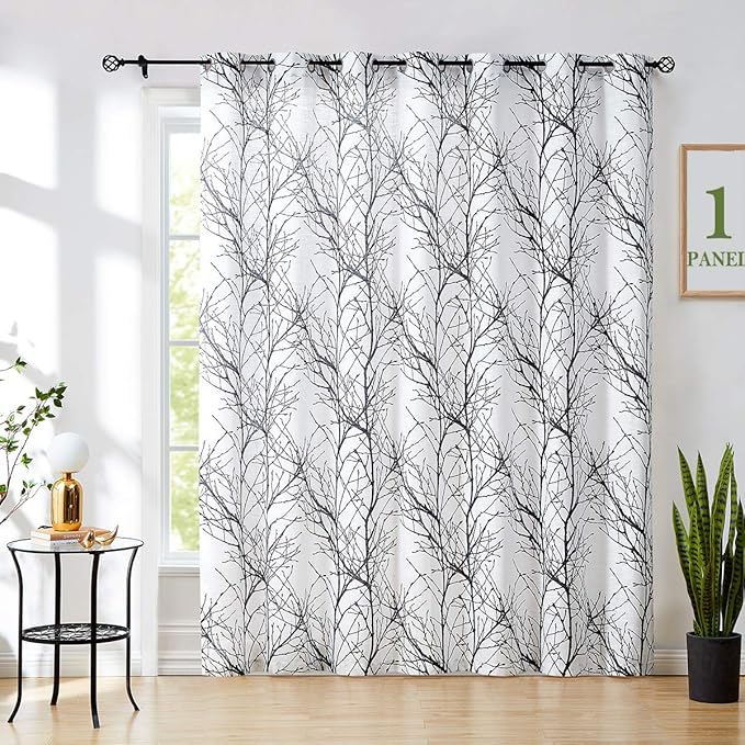 FMFUNCTEX Black White Linen Sheer Sliding Glass Door Curtain for Living Room Modern Tree Branch Print Window Curtain for Office, Light Filtering 100 Inch Extra Wide Sheer Room Divider Curtain 1 Panel