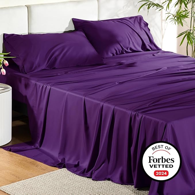 Bedsure Full Size Bed Sheets, Cooling Sheets, Rayon Derived from Bamboo, Breathable & Soft, Deep Pocket Up to 16 Inches, Hotel Luxury Silky Bedding for Hot Sleepers, Plum