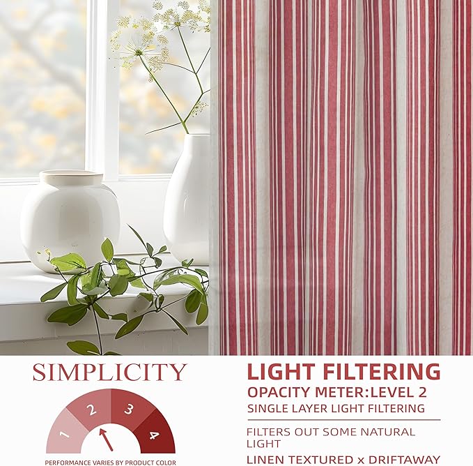 DriftAway Farmhouse Vertical Striped Linen Blend Textured Light Filtering Semi Sheer Curtains for Living Room Bedroom 96 Inches Long Drapes 2 Panels Broad Striped Linen Red