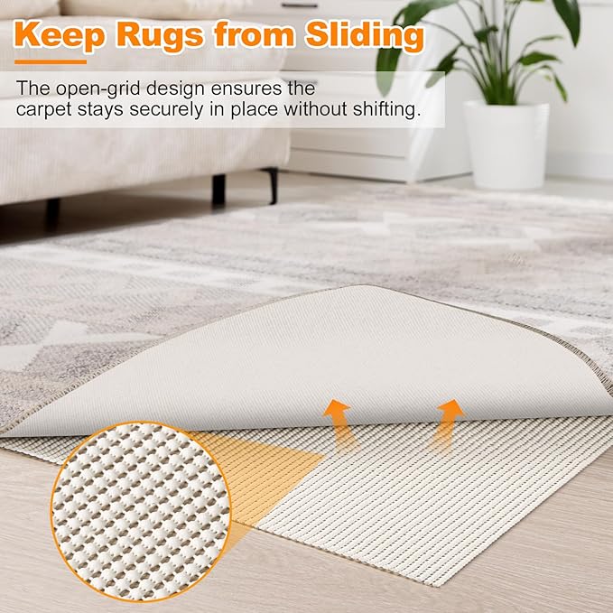 Songrey Non-Slip Rug Pad 9x12 FT, Extra Thick Carpet Pads for Hard Surfaces, Prevents Sliding and Secures Rugs, Provides Floor Protection with Comfort Cushioning